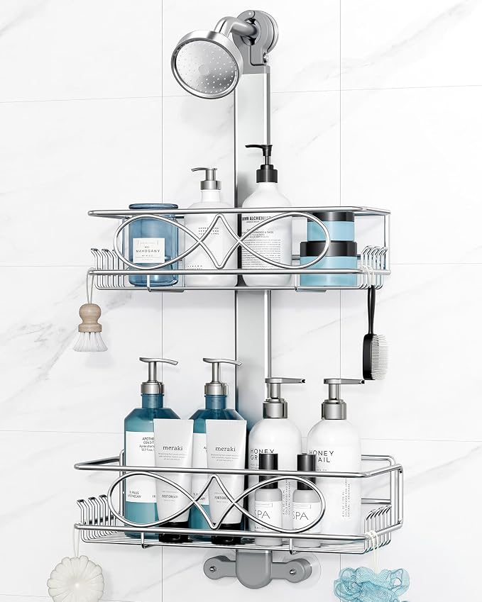 ODesign 2 Tier Aluminum Shower Caddy Rustproof Hanging Adjustable Silver | Shower organizer hanging,no drilling required,comes with removable hook and storage box, suitable for indoor showers