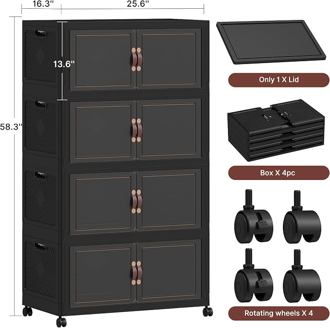 936QT Extra Large Stackable Storage Bins with Lids & Wheels | & Door,Total 234Gal for 4-Tier set Foldable Collapsible Closet Organizers, Plastic containers drawers for bedroom Dorm