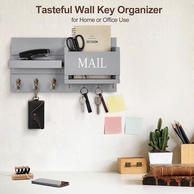 Lwenki Mail Organizer for Wall Mount – Key Holder with Shelf Includes Letter Holder and Hooks for Hallway Farmhouse Decor – Rustic Wood with Flush Mounting Hardware (16.5” x 9.1” x 3.4”) (Gray)