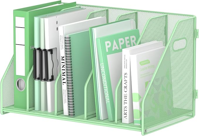 Binder Organizer, Magazine File Holder with 5 Vertical Compartments Rack, Metal Desk File Organizer & Binder Holders, Magazine Organizers for Office Desktop, Home, School (Green)
