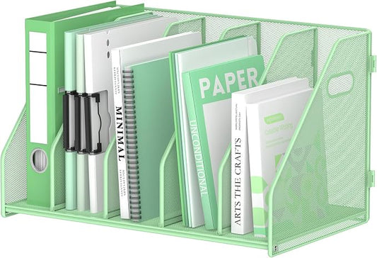 Binder Organizer, Magazine File Holder with 5 Vertical Compartments Rack, Metal Desk File Organizer & Binder Holders, Magazine Organizers for Office Desktop, Home, School (Green)