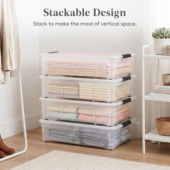 Lifewit 44Qt Storage Bins with Lids, Plastic Large Latches Boxes with Wheels, Clear Totes Tubs Container for Closet Organizers and Storage, Bedroom, Clothes, Craft, 4 Pcs