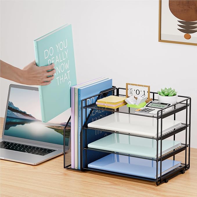 Marbrasse 4-Tier Paper Tray Organizer with File Holder, Black | Sturdy Paper Tray, Built-in File Holder, fits Letters/Docs, Saves Desk Space, for School/Office/Home