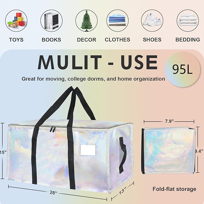 12 Pack-Extra Large Heavy Duty Moving Bags - Waterproof Storage Totes with Handles & Zippers, Foldable for College Dorm, Storage (Shiny Color)