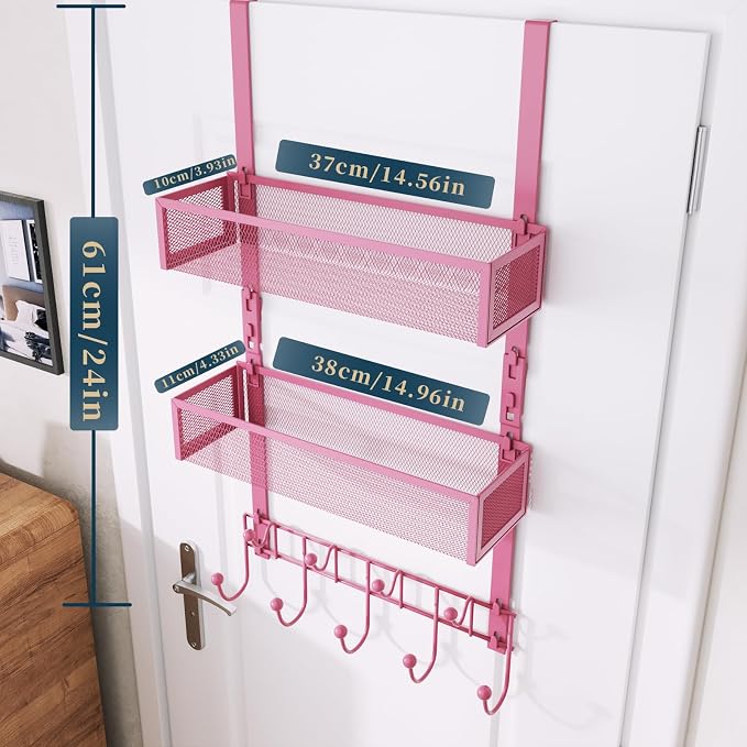 Consumest Over The Door Hooks Organizer - 3 Tier Door Hanger with 9 Coat Hooks & 2 Mesh Basket, Back Storage Organizer Hanging Towels for Bathroom, Bedroom, Pink