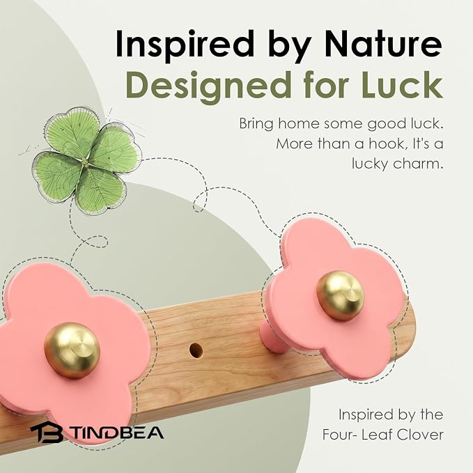 Tindbea Upgreded Heavy Duty Coat Rack Wall Mount for Entryway, Kids' Room | Cheery Wood, Pink, 5 Hooks
