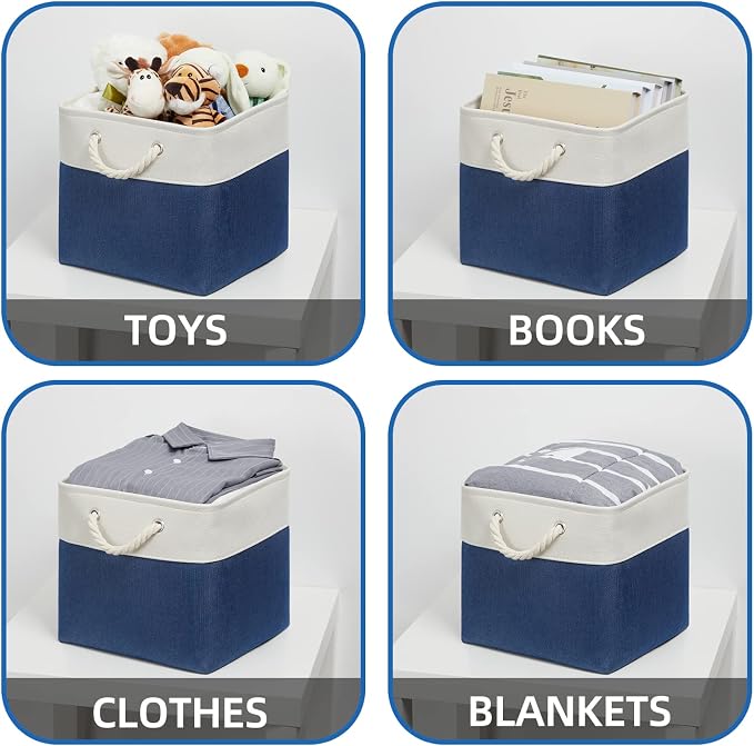 Temary Fabric Storage Cubes for Organizing 4Pack Blue Fabric Storage Basket 12 Inch Cube Storage Bins with Handles for Organizing Toys, Shelf Baskets for Home Office Closet (White&Blue)