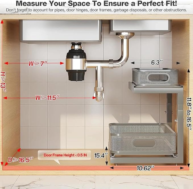 2-Pack Under Sink Storage Organizer with 2-Tier Slide Out Drawer, Sophisticated Mesh Pull Out Shelf for Kitchen & Bathroom, Fits Small Items, Upgraded Arched Track for Smooth Gliding-Gun Gray