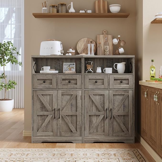 Farmhouse Storage Cabinet Set of 2, Small Kitchen Pantry Coffee Bar Cabinet | Accent Buffet Cabinet Cupboard, 2 Drawers, Barn Doors & Adjustable Shelves, for Kitchen/Entryway/Bathroom, Rustic Gray