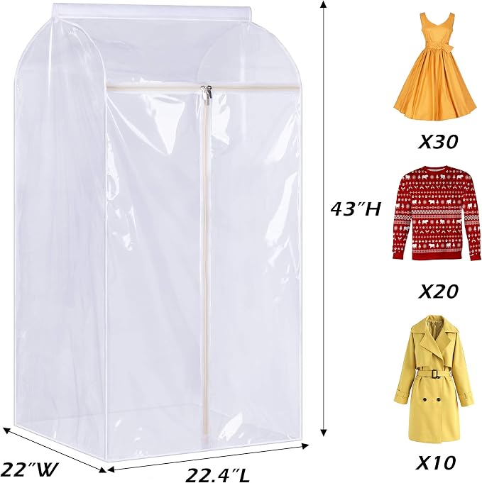 43" Hanging Garment Bags for Closet Storage Large Clear Window Hanging Clothes Storage Garment Rack Cover Coat Protector for Suit, Wardrobe, Bottom Enclosed