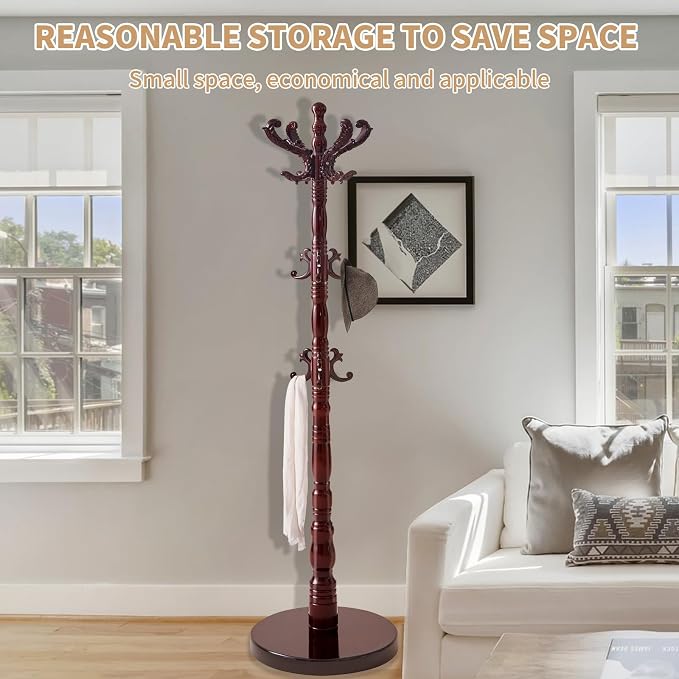 ZOZOE Wooden Coat Rack,Vintage Coat Rack Freestanding with 14 Hooks | Solid Wood Coat Rack Stand with Round Base,Classic Natural Birch Wood Coat Clothes Tree Stand for Entryway Hallway