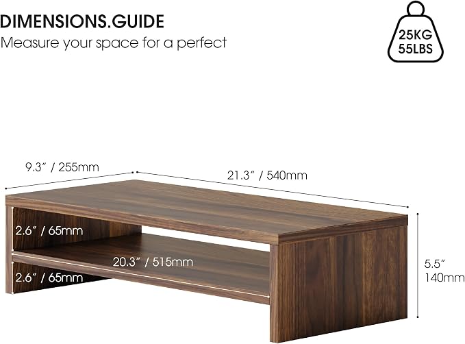 FITUEYES Wooden Monitor Stand Riser, 2-Tier Desk Storage Shelf, Brown | 21.3-Inch Desktop Organizer Fits Laptop, Computer Screen and Office Supplies