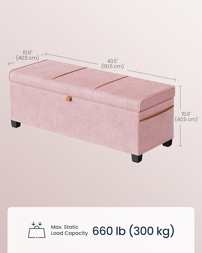 SONGMICS Home Storage Ottoman, 27 Gallons End of Bed Bench, 15.9 x 43.5 x 15.9 Inches, for Bedroom, Entryway, Living Room, Pink