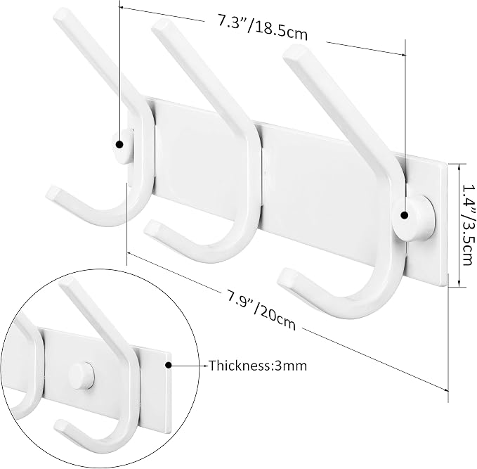 WEBI Coat Rack Wall Mount,Coat Hooks Wall Mounted,Coat Hanger Wall,Hook Rack Rail,3 Hooks for Hanging Coats,Hats,Jacket,Clothes,White,2 Packs
