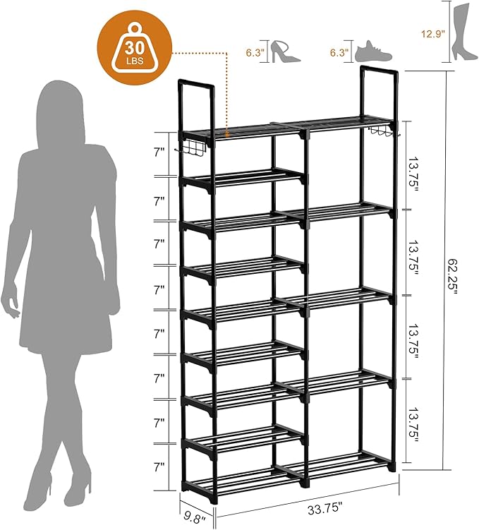 WOWLIVE 9 Tier 2-Column Shoe Rack, 30-35 Pairs Stackable Black | Compact 33.75in long fits narrow spaces. Removable layers for boots/heels. Split design for flexible layout.
