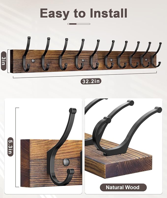 Optish 1 Pack Wooden Coat Rack Wall Mount, 16.1" Rustic Coat Hanger Hooks with 5 Double Hooks, Wall Coat Rack for Hat, Clothes, Bags, Jacket, Brown