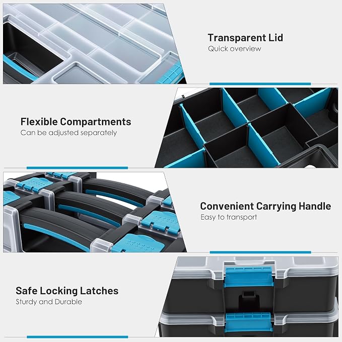 famuka Tool Storage Boxes 3-Pack Small Parts Organizers (Blue) | 10 Compartments with Removable Divides