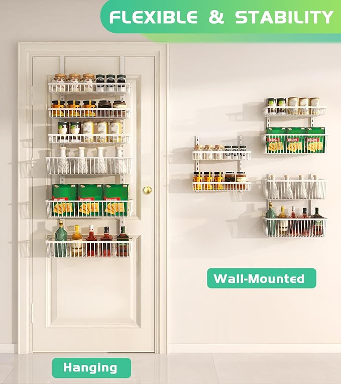 Mefirt Over The Door Pantry Organizer, 6-Tier Deep Baskets, White | Pantry Hanging Organizers and Storage, Adjustable Heavy-Duty Metal for Home & Kitchen, Back of Door Seasoning Rack