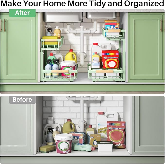 Kitstorack Under Sink Organizer, 2 Tier Under the Sink Storage, Slide out Pull out Cabinet Organizer Shelf, Metal Sliding Drawer for Kitchen Bathroom Pantry Closet Organization Rack, Green, 1 Pack