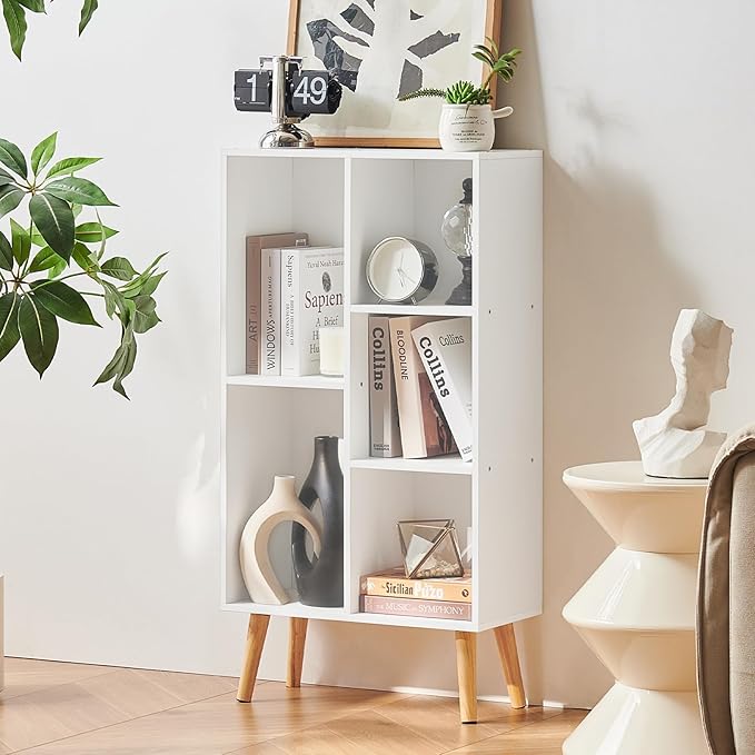 LEYAOYAO 5 Cube Bookshelf, Mid-Century Modern Book Shelf with Legs, White | 3 Tier Bookcase, Rustic Wood Bookshelves Freestanding Small Storage Organizer, Open Shelves for Bedroom, Living Room, Office