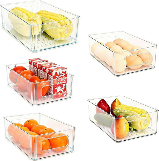 Refrigerator Organizer Bins 5 Pack Stackable Fridge Organizers with Handles Clear Freezer Storage Containers for Pantry, Cabinets,Shelves, Drawer – BPA-Free Plastic Kitchen Organizers