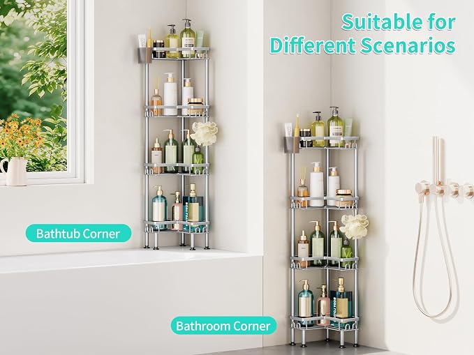 HapiRm Standing Shower Caddy Corner - 4 Tier Corner Shower Organizer with Toothbrush Holder and 16 Hooks, Large Capacity Rustproof Bathroom Shelves for Tall Bottles, Silver