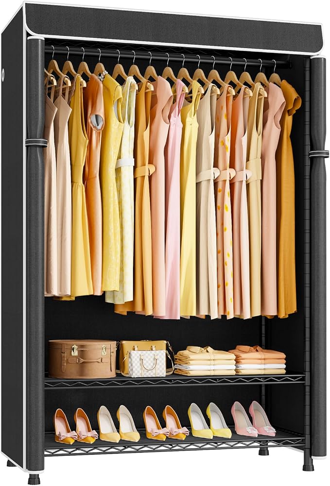 H5C Plus Clothes Rack with Cover, Covered Clothing Rack Heavy Duty | Garment Rack with Shelves, 3-Tier Portable Closets for Hanging Clothes, Max Load 370LBS, Black Closet Racks with Black Cover