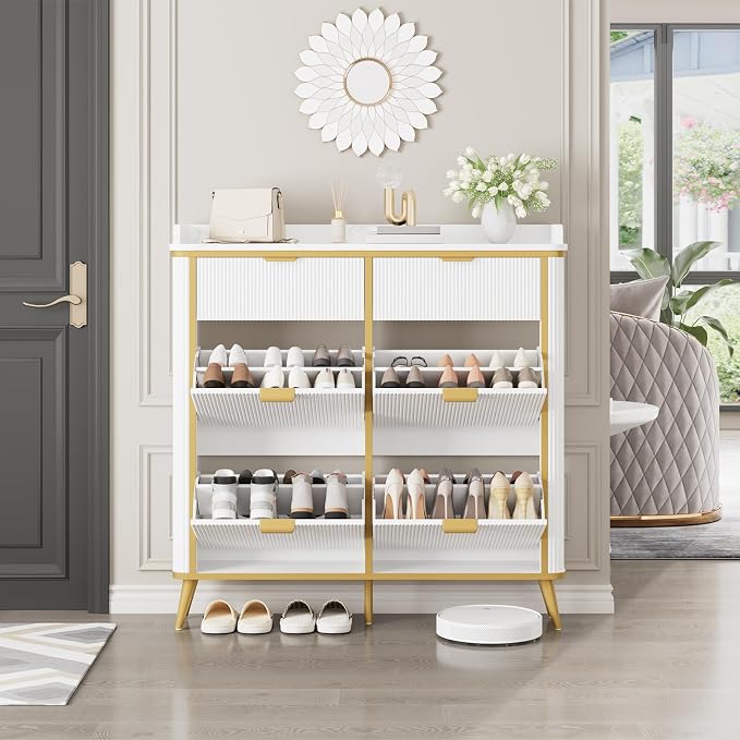 Fluted Shoe Storage Cabinet with 4 Flip Drawers & 2 Drawers, Freestanding Hidden Shoe Organizer with Adjustable Shelves, Wood Narrow Shoe Rack Cabinet for Entryway, Hallway, Foyer, White
