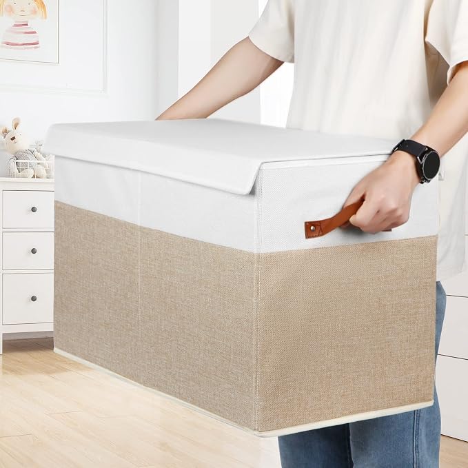 Large Toy Storage Box with Lid, Toy Chest Bin Boxes Basket with Dividers | Sturdy Toy Organizer Bin for Kids, Boys, Girls, Nursery, Living Room, Bedroom, Playroom 25"x13" x16" (Beige and White)