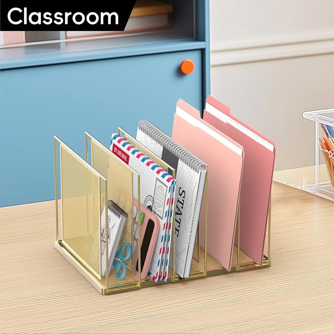 File Organizer for Desk, 5-Section Vertical File Sorter, Paper Holder Organizer Standing Metal File Folder for Office Home Classroom, Gold