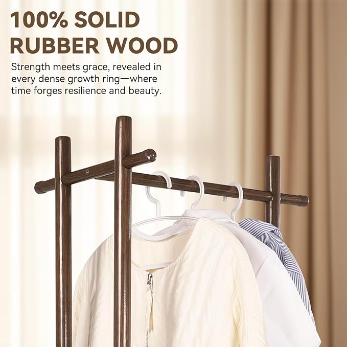 Wood Coat Rack Freestanding Clothing Rack with 3 Shelves and 5 Hooks | Heavy Duty Coat Tree Garment Rack Coat Hanger Stand for Corner Entryways Living Rooms and Bedrooms, Walnut