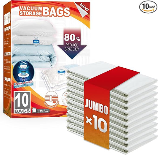 TAILI 10 Pack Vacuum Storage Bags, Jumbo Size (31×40 inch), Cream | Vacuum Seal Bags for Clothing, Extra Large Space Saver for Bulky Beddings, Comforters, Blankets, Pillows, Reusable