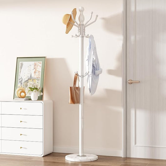 Metal Coat Rack Stand Coat Rack Freestanding with 360° Rotary,White | Modern Coat Rack with 360° Rotary Design Sturdy Heavy Duty Hall Tree Hats Hanger Holder Stand 14 Hooks for Hallway Office