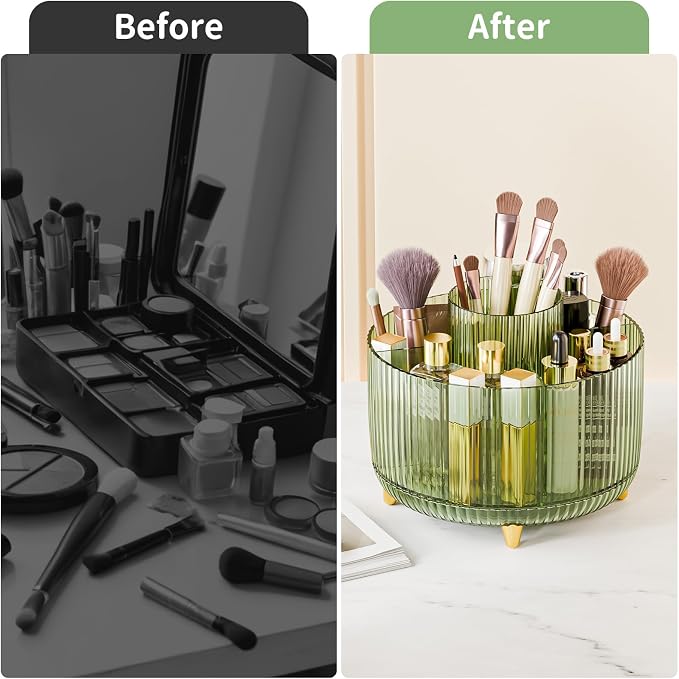 fanado 360° Rotate Makeup Brush Holder Organizer, Makeup Organizers Countertop, Makeup organization and Skincare Storage for Vanity, Desktop, Bathroom (Clear Green)
