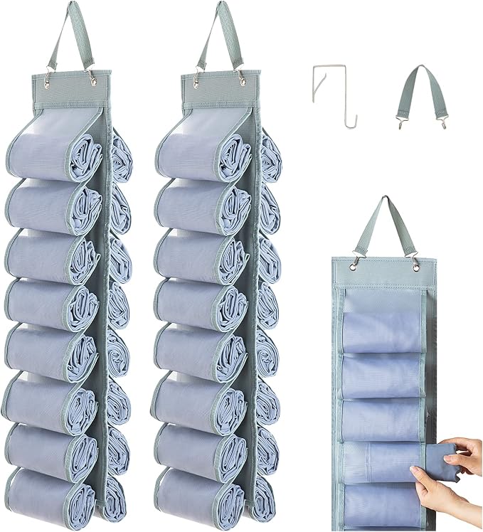 DHSFKBE Legging Organizer Storage - 2PCS T Shirt Organizer, Hanging Closet Organizers and Storage with 16 Roll Independent Compartments for Yoga Pants, Towel, Bathing Suit (Grey)