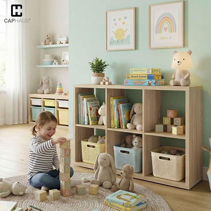 CAPHAUS Sturdy Room 13-Inch Cube Storage Organizer Shelf, with Extra Thick Exterior Edge, Open Storage Shelf Divider, Bookcase, 9-Cube, Natural Oak