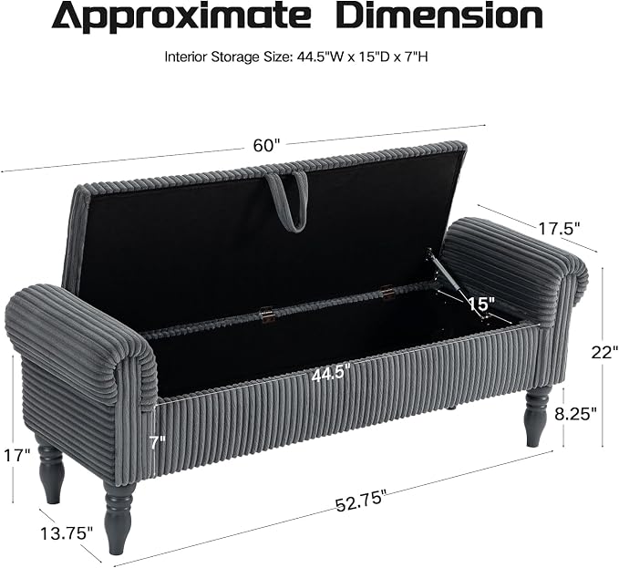 60" Storage Bench for Bedroom,End of Bed Bench with Storage | Corduroy King Size Bench with Rolled Arms,Storage Ottoman Benches for Living Room,Entryway,Benches for Foot of Bed,Dark Grey