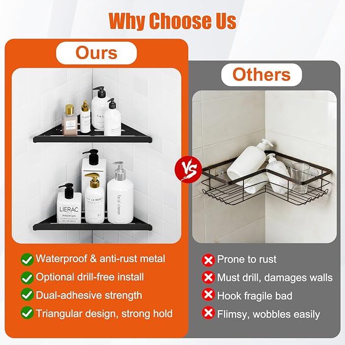 Fikoksol Shower Caddy Storage, Triangle Corner Shelf with Adhesive Glue | Metal Bathroom Shelf Storage, Adhesive or Screw Wall Mounted Corner Shower Rack, Black Rustproof Bath Organizer Accessory