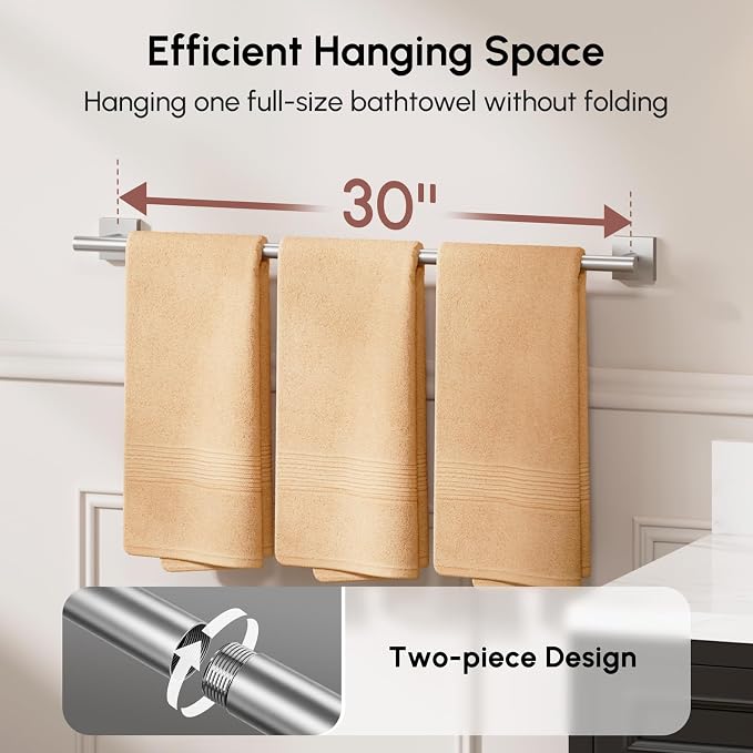 Brushed Nickel Bath Towel Bar, 30 Inch Towel Racks for Bathroom | Thicken 304 Stainless Steel Towel Holder with Square Base, Towel Rod Wall Mounted, Modern Home Decor (Total Length 32 Inch)