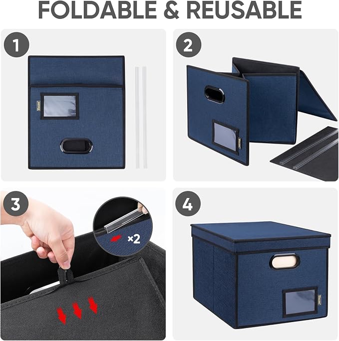BALEINE File Organizer Box with Lid, Collapsible File Folder Organizer with Plastic Slide, Hanging File Folder Box for Office Document Storage (Tab Friendly, 2 Pack, Blue)