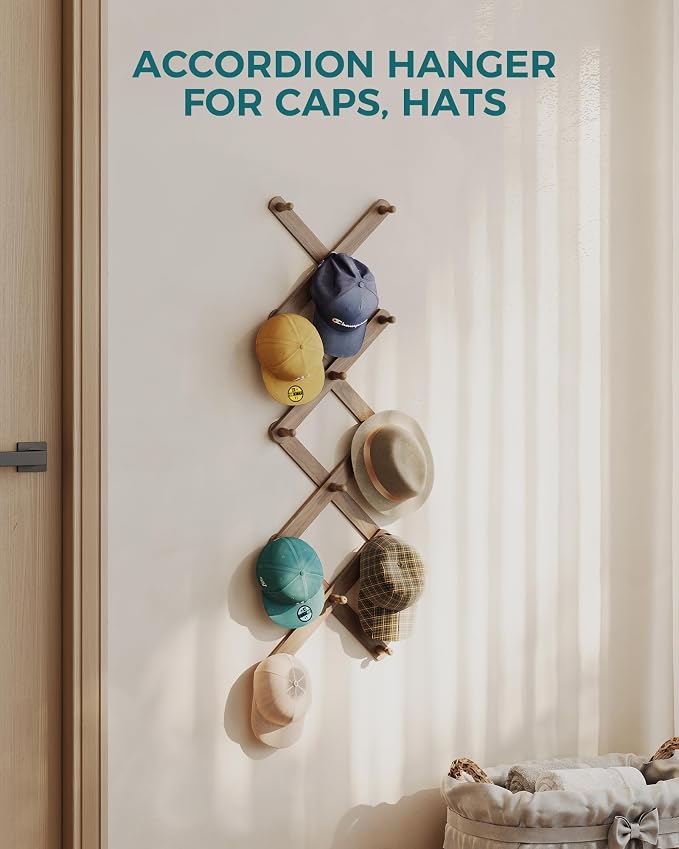 OROPY Accordion Wall Hanger with 14 Pegs, Expandable Wooden Coat & Hat Rack | Walnut Color, Hat Display Rack, X Shape Rack for Coat, Hats, Bags, Baseball Caps, Coffee Mug, Jewelry