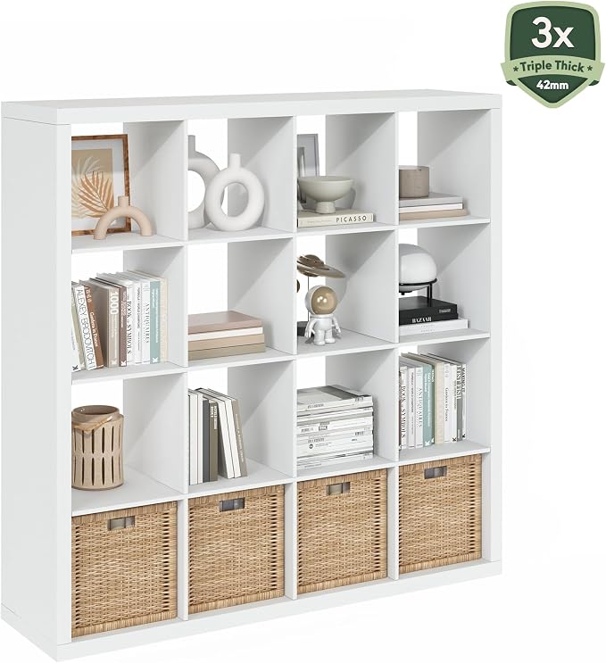 Furinno Cubicle Book Shelf, 16-Cube Bookshelf, Triple Thick Frame Cube Storage Organizer, 1.65" Bookcase, 15.4 x 57.4 x 56.9, for Home Office, Living Room, Plain White