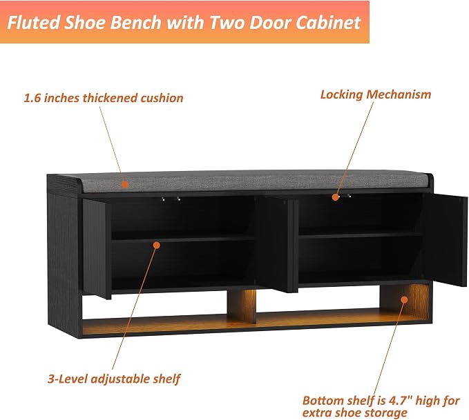 HOMEFORT 47.2" Fluted Shoe Storage Bench, Entryway Bench with Linen Seat Cushion, Shoe Cabinet Bench with Adjustable Shelf and Built-in LED Sensor Light, Bench for Bedroom End of Bed, Black
