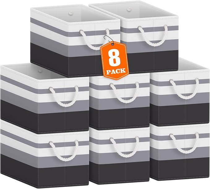Fab totes Storage Bins 8-Pack, Foldable Storage Baskets for Organizing Toys, Books, Shelves, Closet, Large Storage Box with Rope Handles, Sturdy Organizer Bins,Gradient Grey