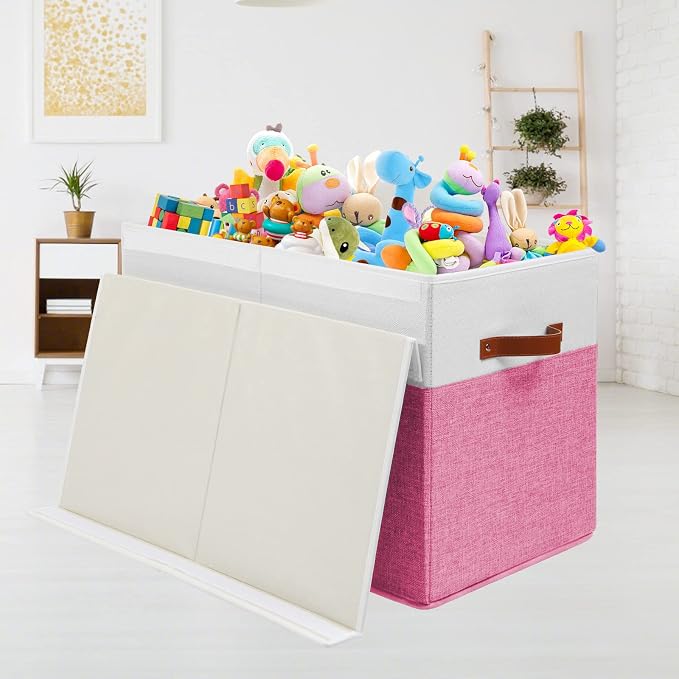 Large Toy Storage Box with Lid, Toy Chest Bin Boxes Basket with Dividers | Sturdy Toy Organizer Bin for Kids, Boys, Girls, Nursery, Living Room, Bedroom, Playroom 25"x13" x16" (Pink and White)