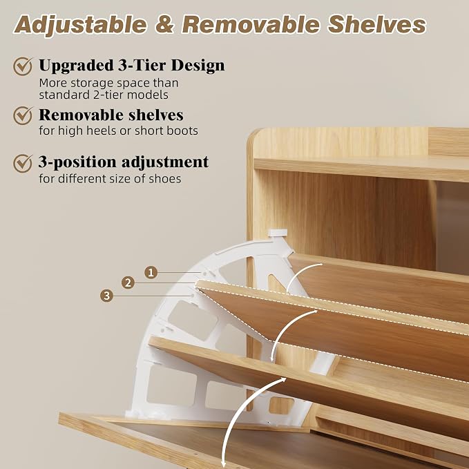 Shoe Storage Cabinet for Entryway, 2 Flip Drawers with 3-Tier Rack Each, 6-Layer Total Storage, Narrow Shoe Cabinet with Linen Panel, Slim Wood Shoe Organizer Closed Shoe Rack for Hallway,Small Spaces