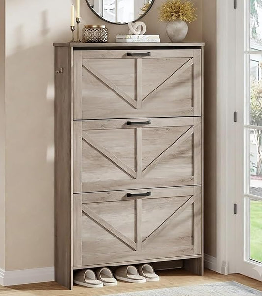 Shoe Cabinet for Entryway, 3 Flip Drawers Shoe Storage Cabinet with 3-Tier Adjustable Shelves, Ultra Slim Freestanding Hidden Shoe Organizer with Barn Door Design, Dove Gray