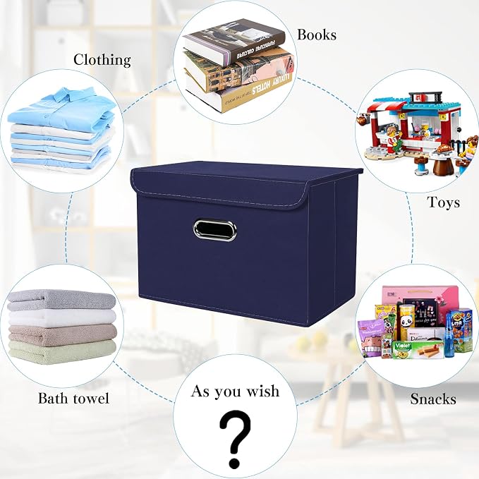 STOREONE Fabric Storage Cube Bins Foldable Organizer Container Collapsible Basket with Lids and Metal Handles, for Home, Bedroom, Closet 3 Pcs (Navy Blue)