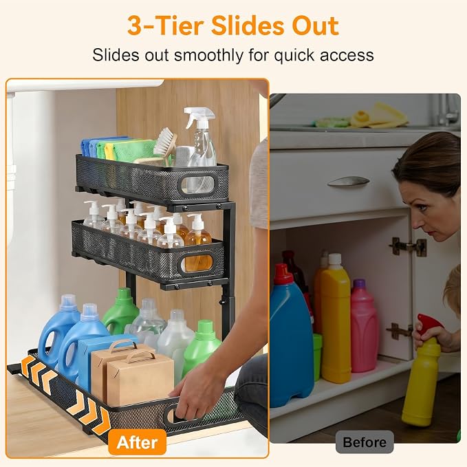 3 Tier Adjustable Under Sink Organizer for Bathroom & Kitchen(2Pack, Black) | 35% More Storage, 5 Adjustable Heights, Sliding Pull Out,No Sliding, Heavy-Duty Steel Frame, Multi-Purpose Cabinet Organizer