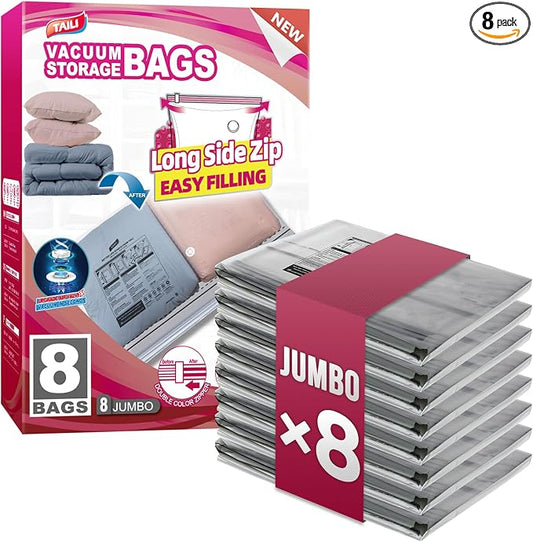 TAILI 8 Pack Vacuum Storage Bags, Jumbo LONG SIDE ZIP(39x28 inch), Clear | Vacuum Seal Bags for Clothing, Space Saver for Beddings, Comforters, Blankets, Pillows